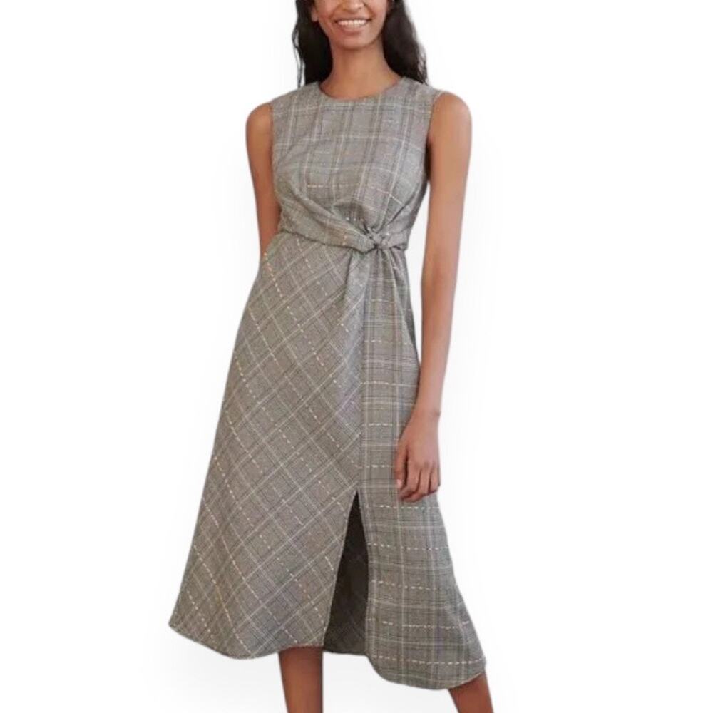 Anthropologie Gray Plaid Midi Dress with Side Knot